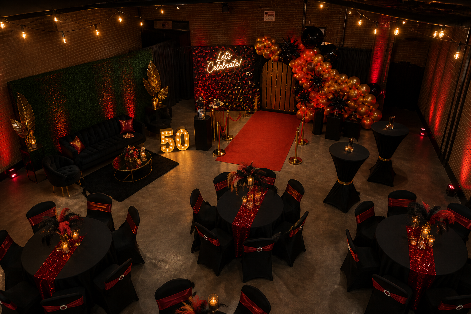 Red black gold 50th celebration aerial view