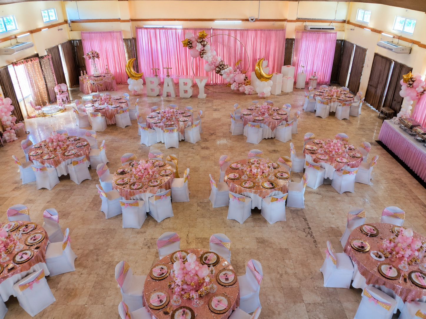 Luxury baby shower ballroom aerial design